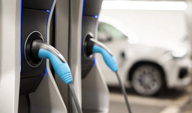 A close-up of the e-charging stations in the Arkona beach residences on the Baltic Sea for more electromobility.