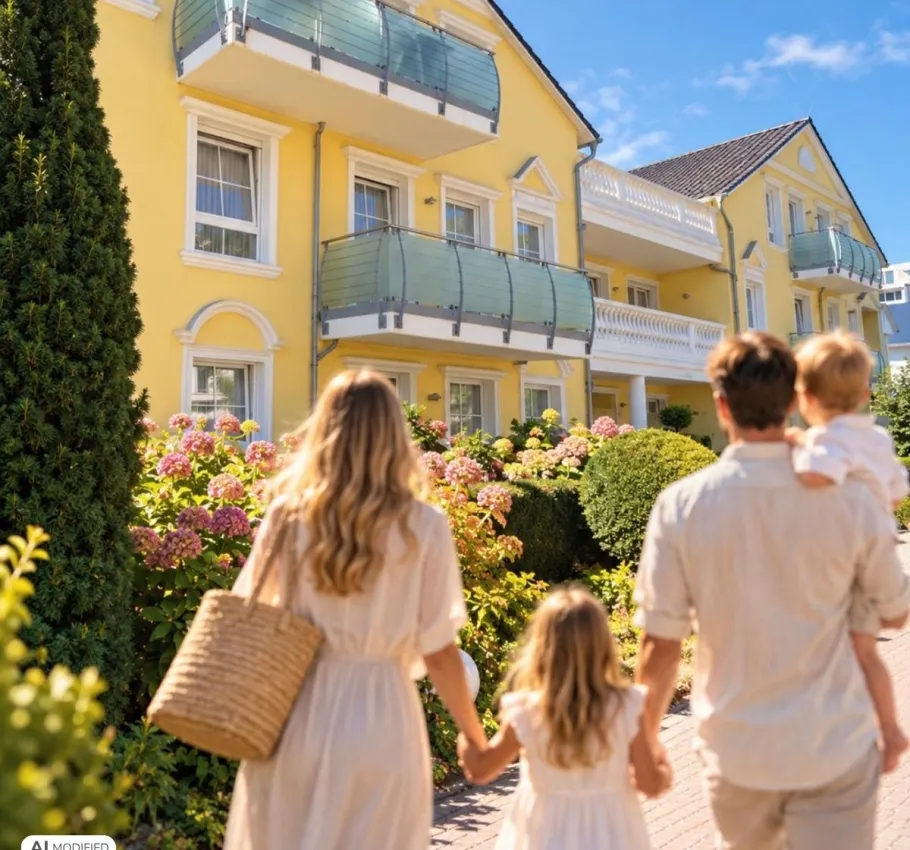 Familie mit zwei Kindern auf dem Weg zu den Strandresidenzen Binz, vorbei an blühenden Blumen und der sonnigen Hotelfassade.