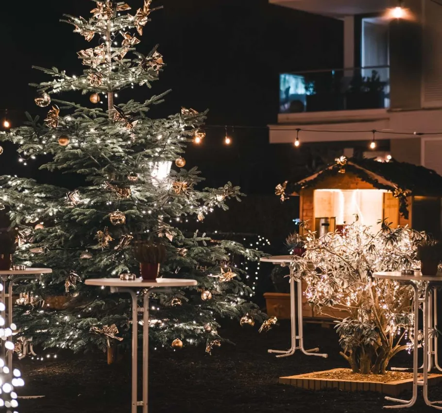 Großer festlich geschmückter Weihnachtsbaum mit Lichterketten im stimmungsvoll beleuchteten Außenbereich eines Hotels während der Weihnachtszeit auf Rügen.