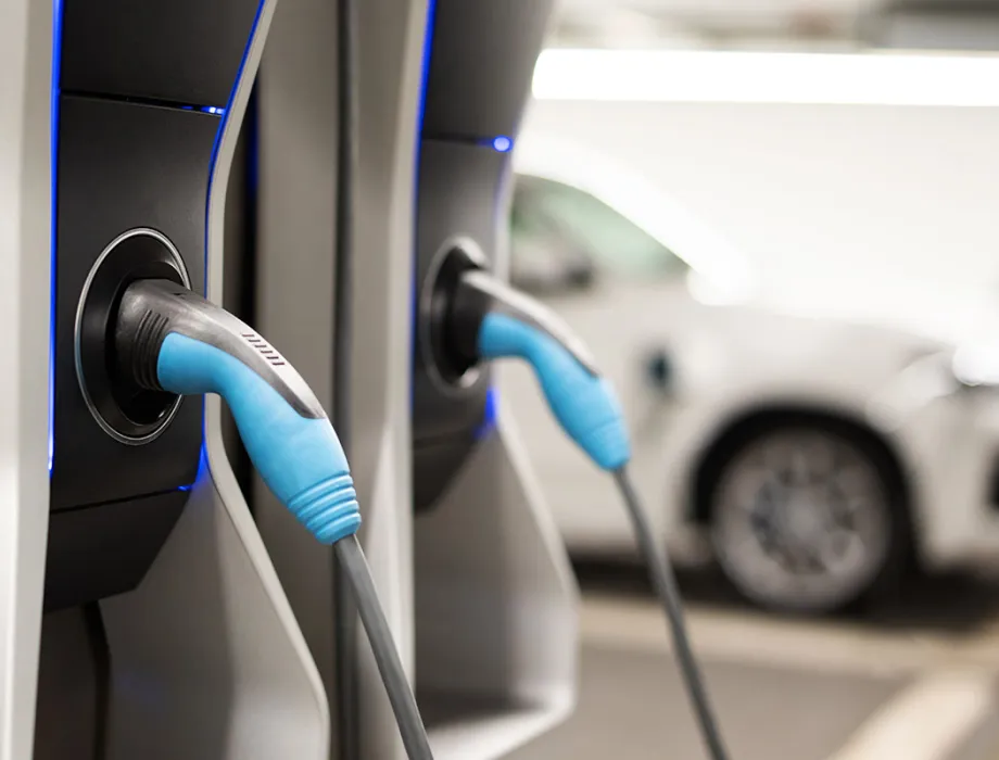 A close-up of the e-charging stations in the Arkona beach residences on the Baltic Sea for more electromobility.