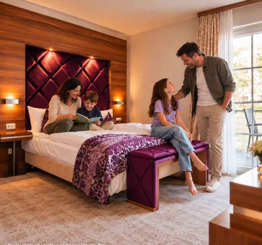 Family with two children spending quality time together in a cozy hotel room
