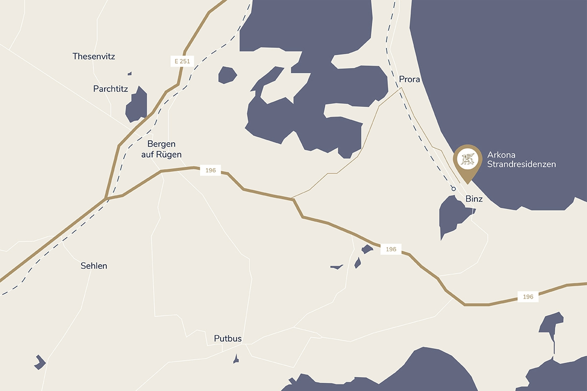 A map for directions to the Arkona Strandresidenzen in the Baltic seaside resort of Binz on Rügen.